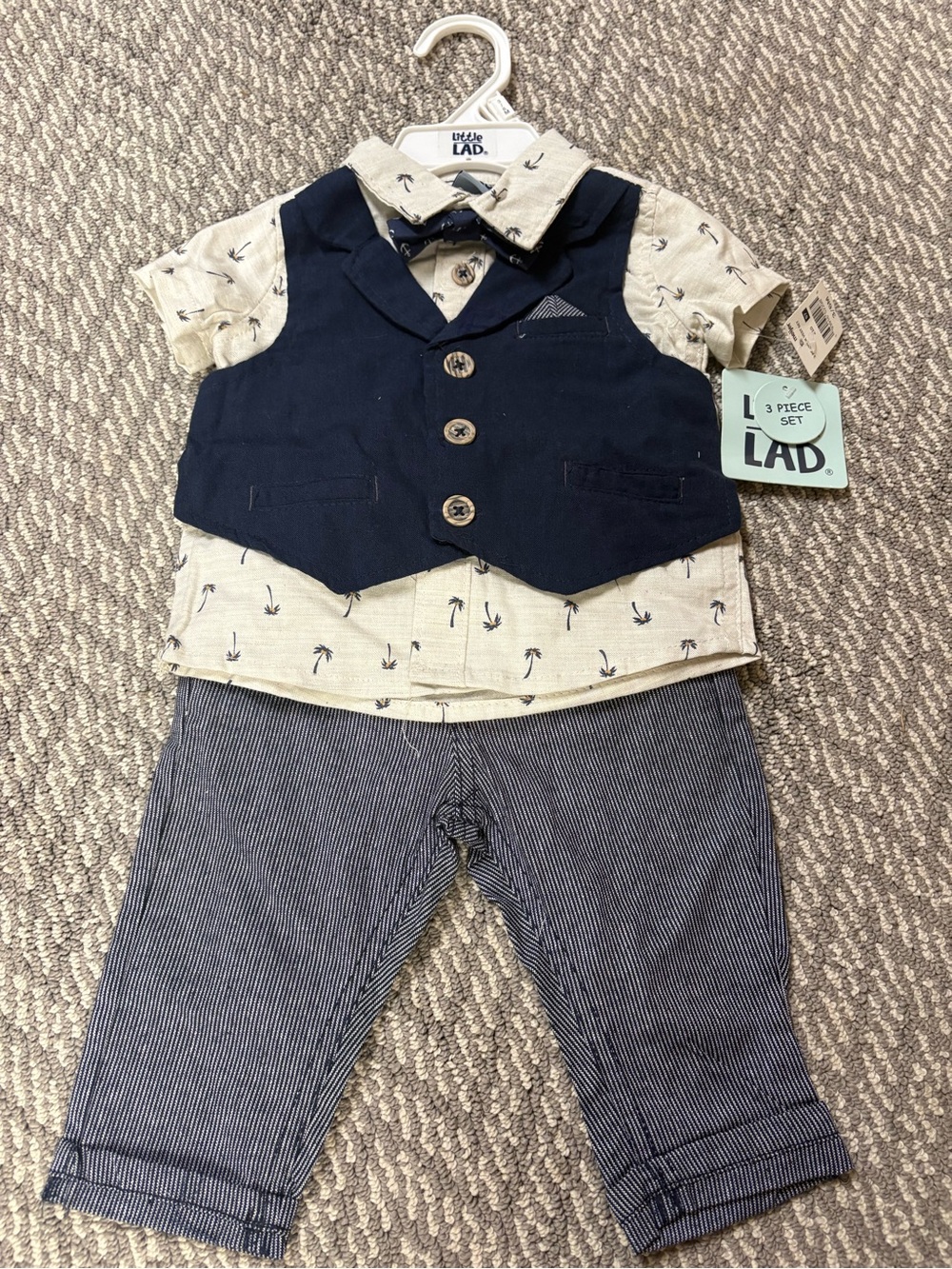 Little LAD Navy Vest & Cream Palm-Print 3-Piece Set for Kids